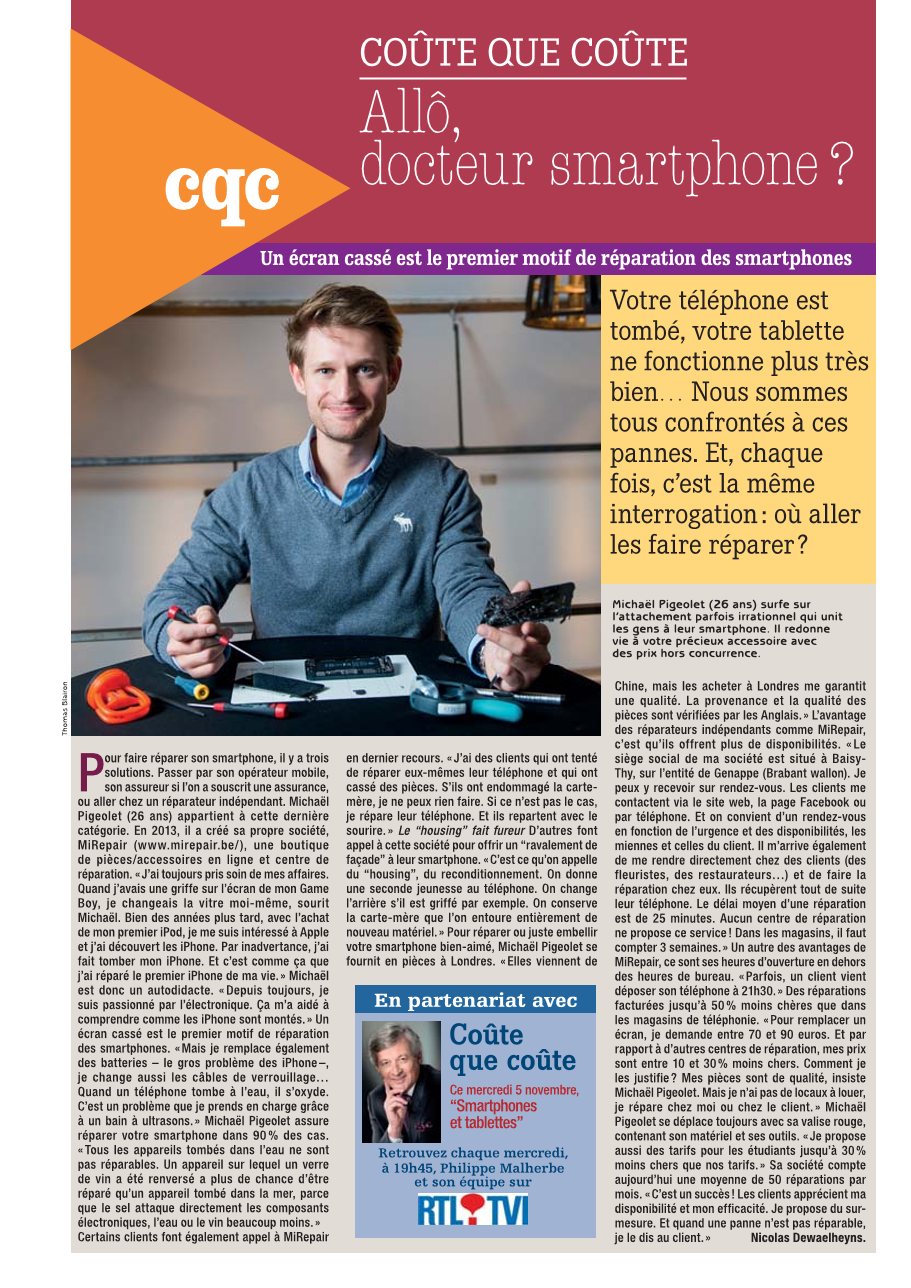 Article Le Soir Magazine — Allô, docteur smartphone ? — MiRepair, 8 novembre 2014